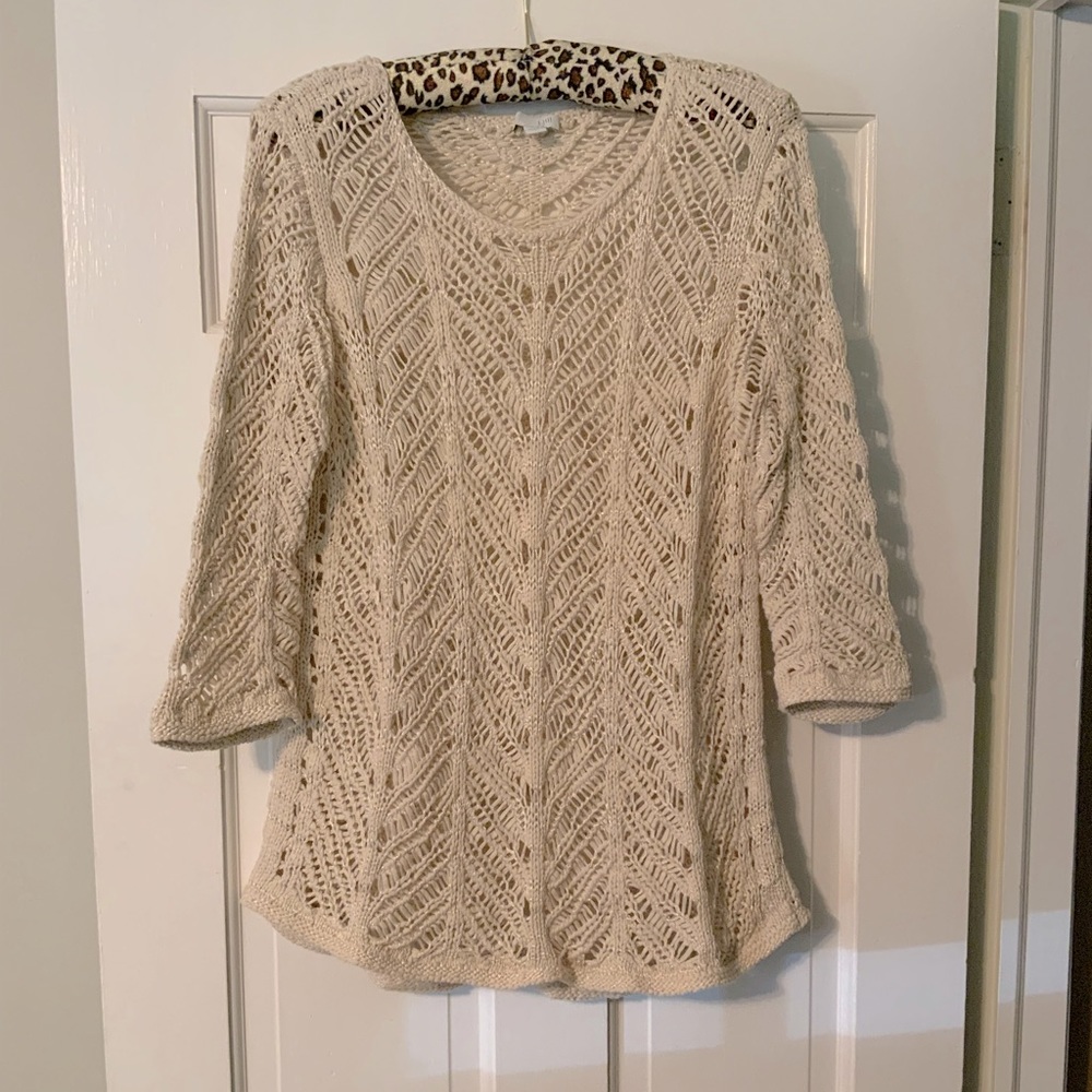 J.Jill, sweater, size L, off white, Lacey look, some shiny and matte yarns